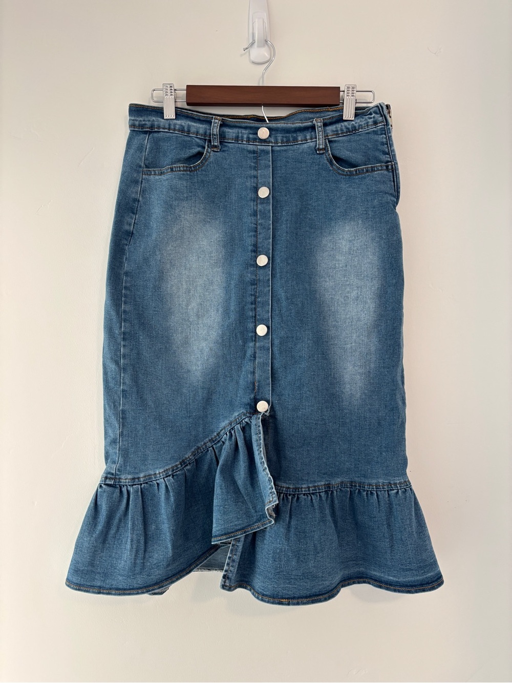 Denim Button-Front Ruffle Hem Skirt, Large